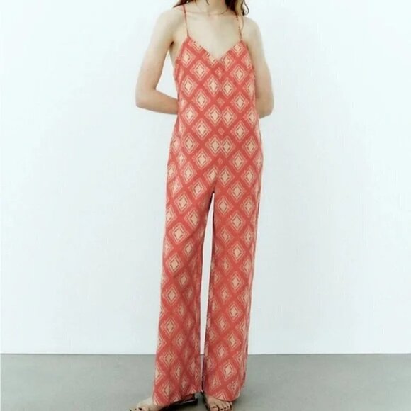 New Zara The Jami V-Neck Open Back Wide Leg Terracotta Print Jumpsuit NWT Small - Picture 4 of 15